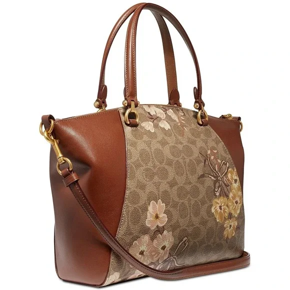 Coach Prairie Floral Signature Satchel / Tan Rust Leather Crossbody Bag NWOT - Picture 2 of 16